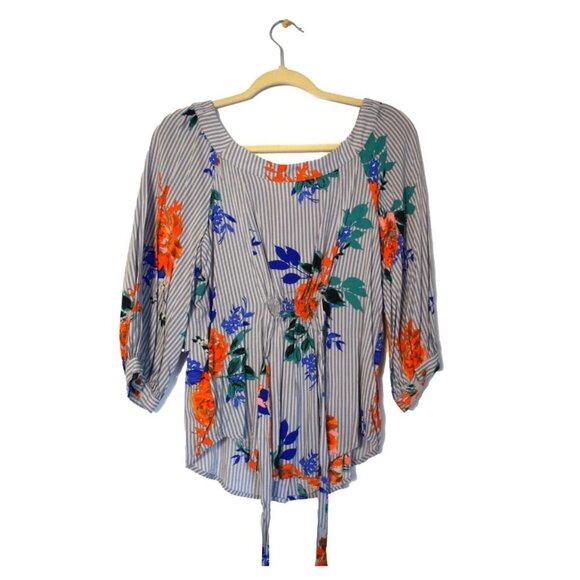 Anthropologie Maeve Lillorne Striped & Floral Button Blouse with Waist Tie - Picture 9 of 13